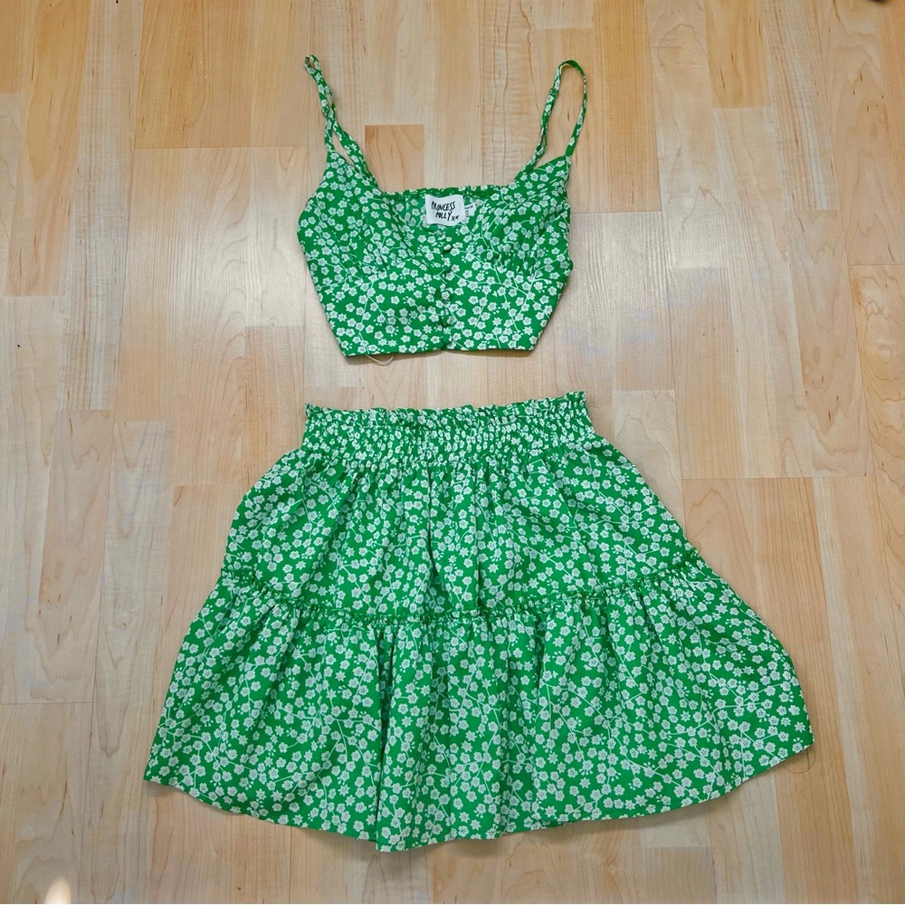 Princess Polly two piece set green floral tank and skirt crop top summer dress